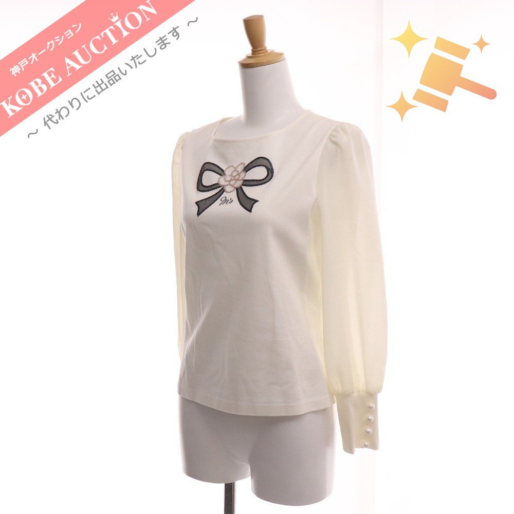 ■ エムズグレイシー カットソー ブラウス カメリア リボン スパンコール トップス レディース 40 ホワイト タグ付き 未使用