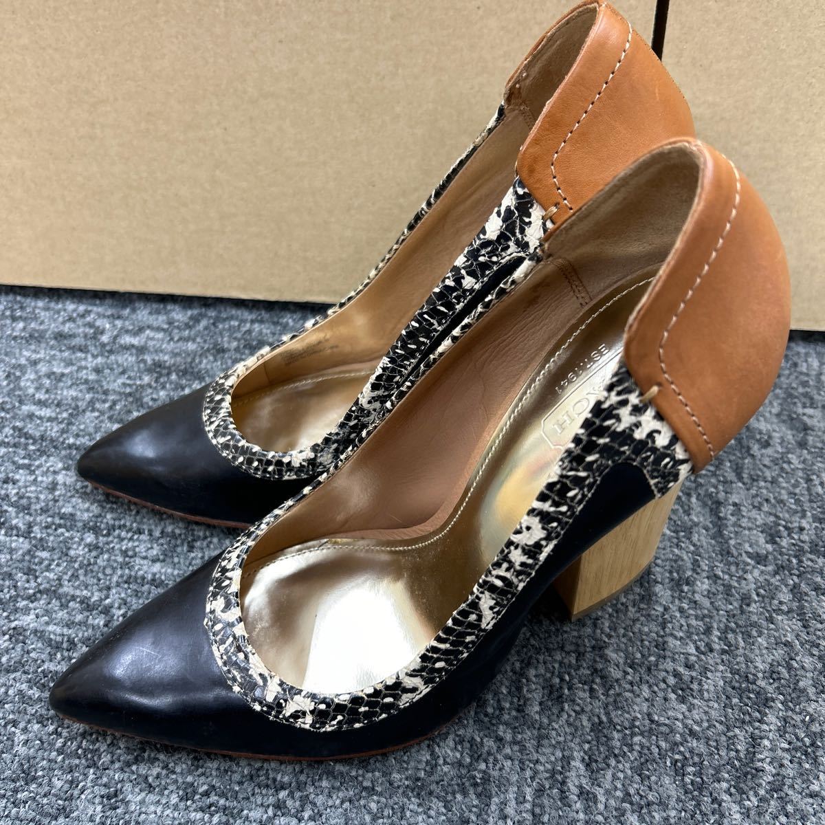 107095】 COACH コーチ パンプス Q2011 パイソン×ブラック 太ヒール 37 
