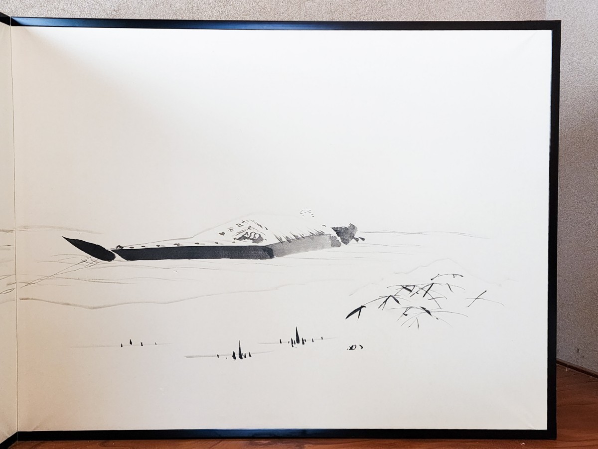 ≪茶道具≫ 表千家 【堀内宗完(兼中斎)】『白張 塗縁 曳舟 自画 風炉先