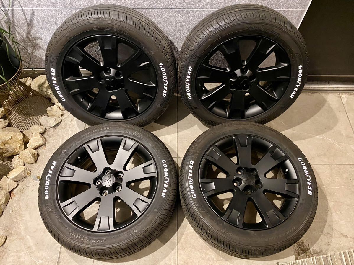 超超バリ山!2022年製 三菱デリカD:5純正18インチアルミ&タイヤ4本 約9分山 225/55R18 7J+38 PCD114.3/5 マットブラック ホワイトレター