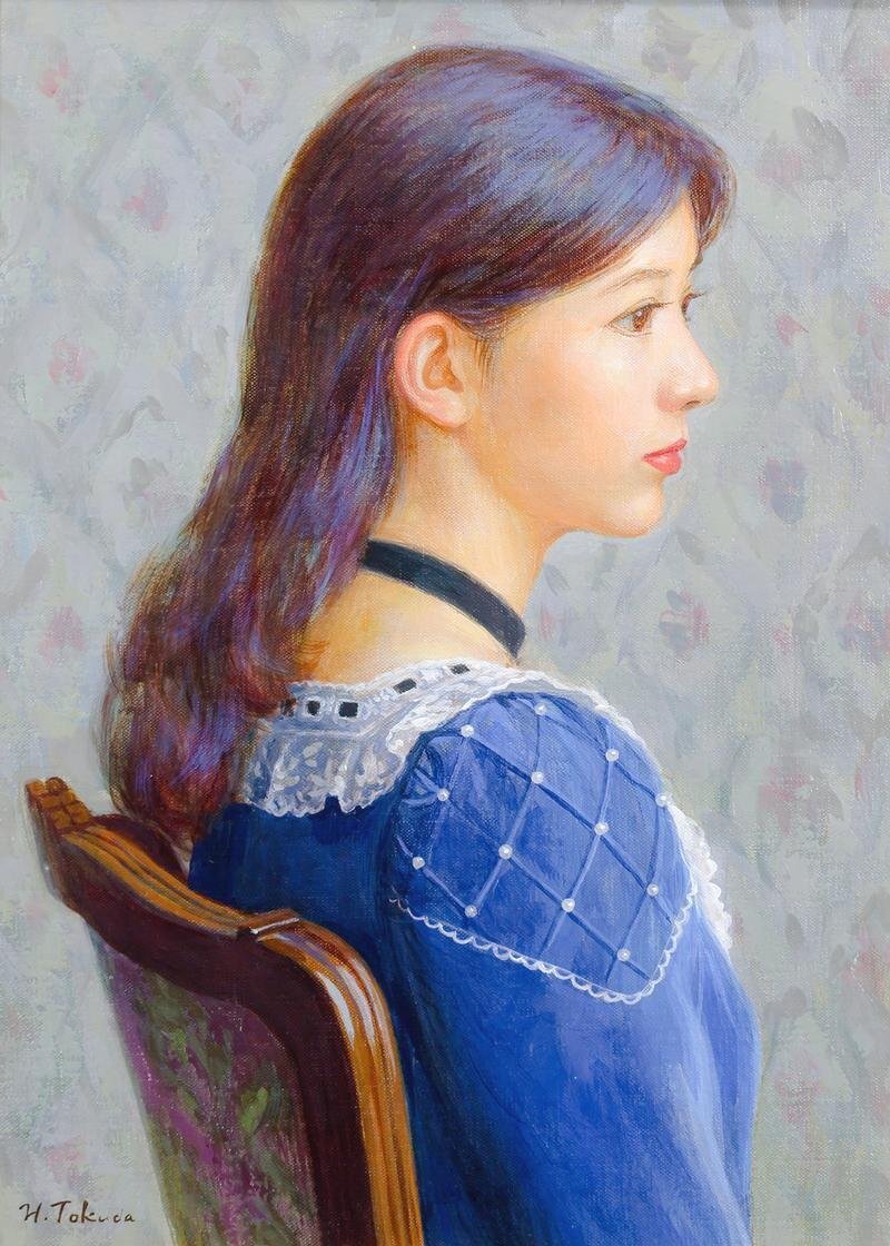 真作】【WISH】徳田宏行「プロフィール」油彩 4号 ◇美人逸品 〇女性像