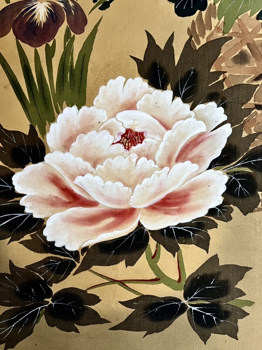 真作】【S8】 今井玉芳「四季花」絹本 肉筆 花鳥図 牡丹 菖蒲 菊花