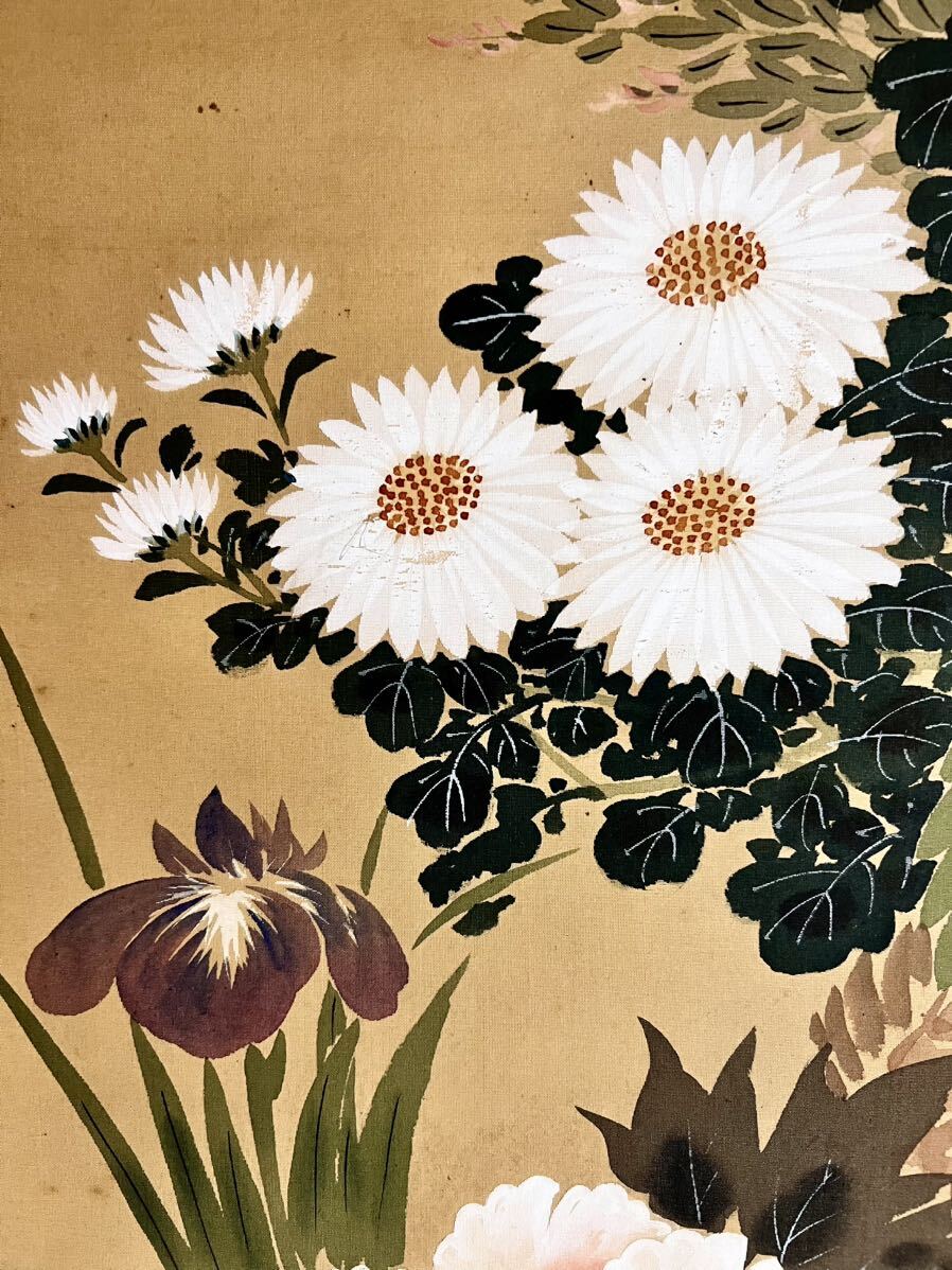 真作】【S8】 今井玉芳「四季花」絹本 肉筆 花鳥図 牡丹 菖蒲 菊花