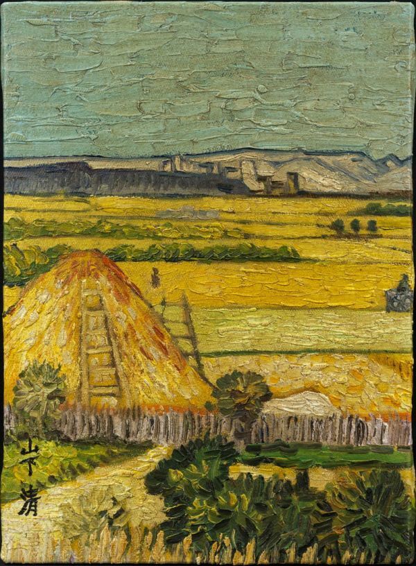 模写】山下清『稲刈り』油彩 手描き 表サイン 裏サイン(印譜) F4号 額