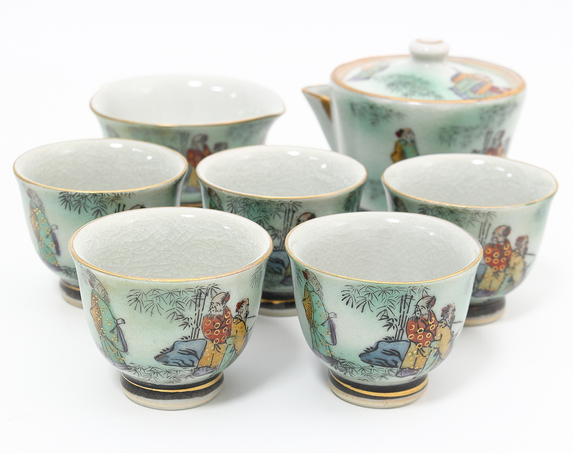 梟】九谷焼 色絵人物図 茶器揃え 宝瓶 湯冷まし 茶碗 5客 急須 茶杯 五
