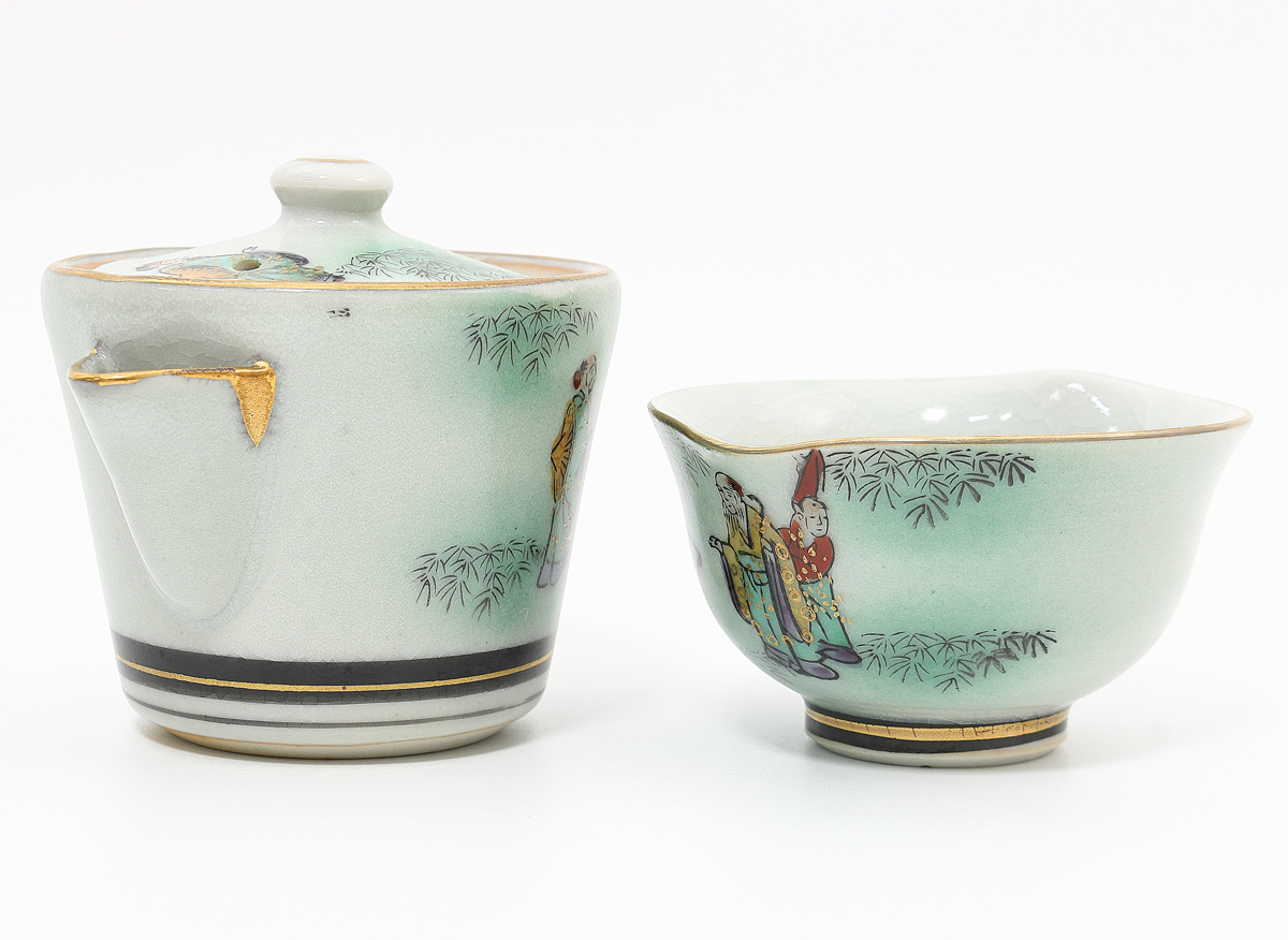 梟】九谷焼 色絵人物図 茶器揃え 宝瓶 湯冷まし 茶碗 5客 急須 茶杯 五