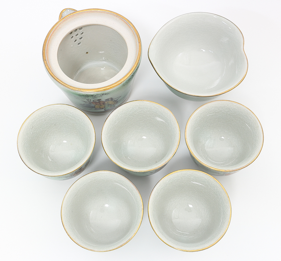 梟】九谷焼 色絵人物図 茶器揃え 宝瓶 湯冷まし 茶碗 5客 急須 茶杯 五
