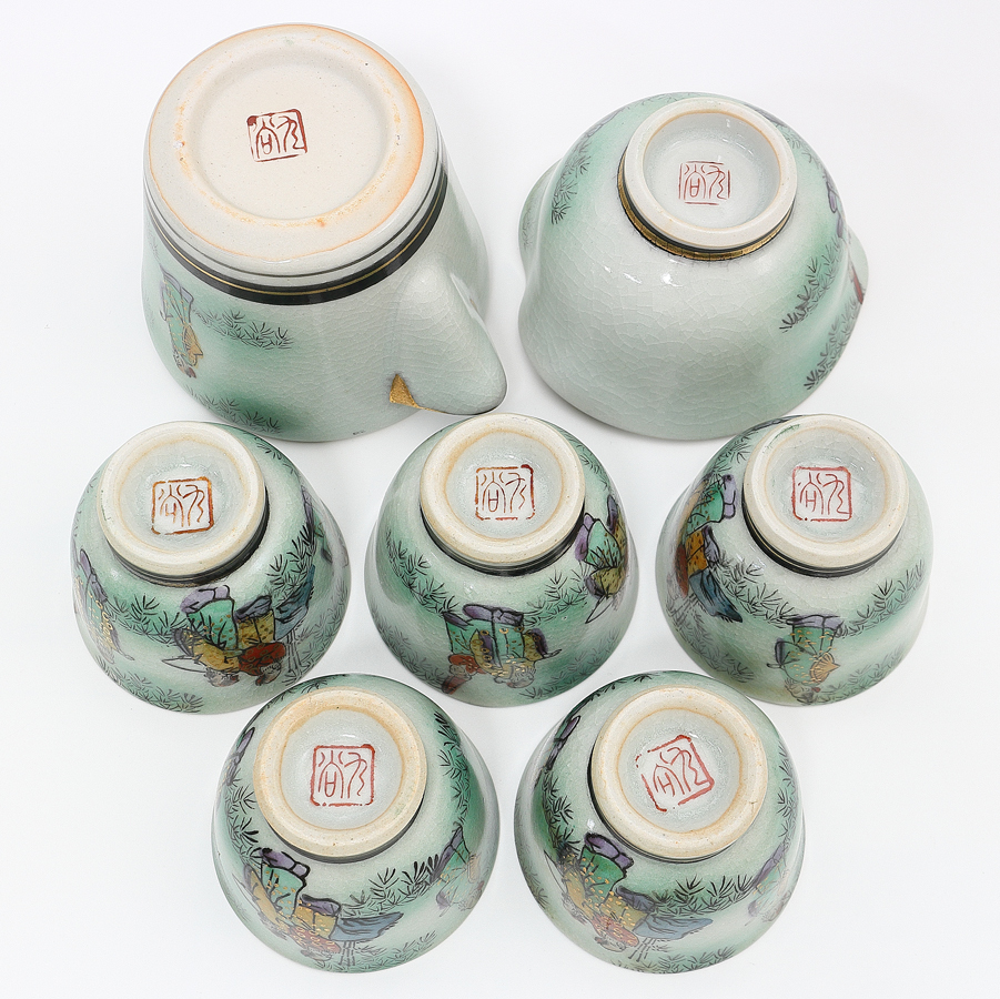 梟】九谷焼 色絵人物図 茶器揃え 宝瓶 湯冷まし 茶碗 5客 急須 茶杯 五