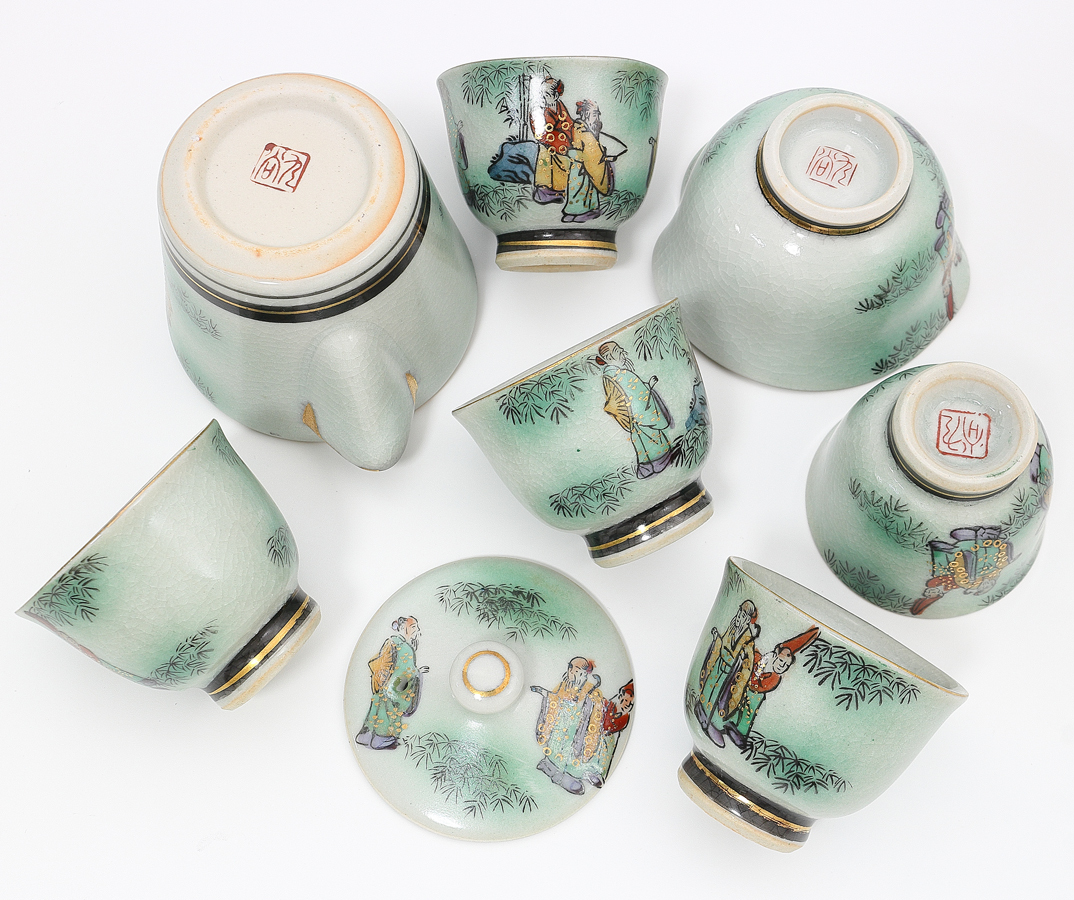 梟】九谷焼 色絵人物図 茶器揃え 宝瓶 湯冷まし 茶碗 5客 急須 茶杯 五