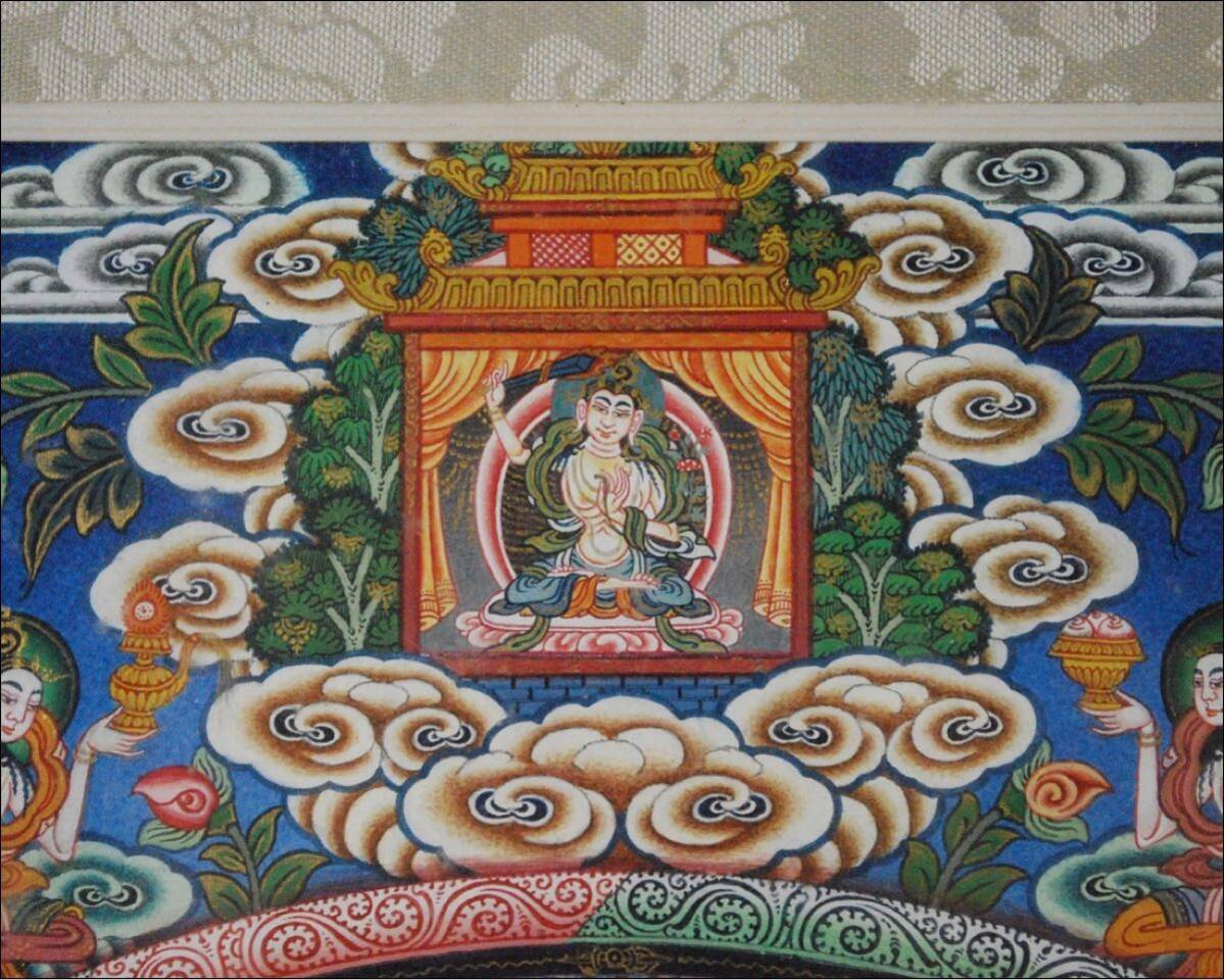 仏教美術 チベットタンカ 四臂観音像 絹本彩色 肉筆 仏画 タンカ 額装 仏教美術 時代物 紙本 肉筆 金彩色 チベット タンカ 曼荼羅 千手観音