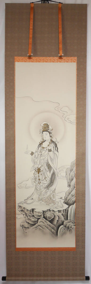 真作】良品☆仏画【墨彩聖観音】美術年鑑掲載 大洞映山◇絹本肉筆 共箱