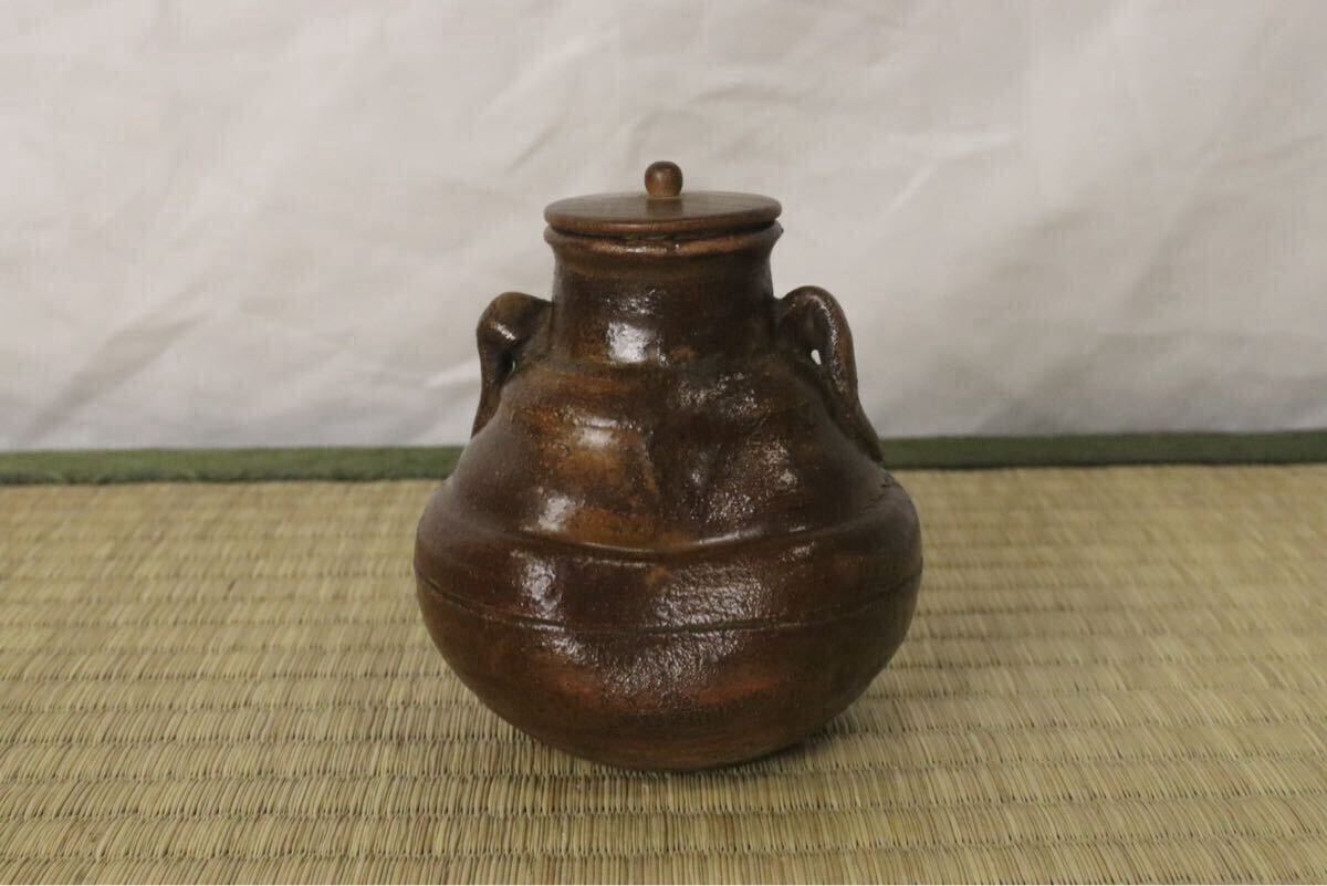 江戸時代前期 遠州七窯 志戸呂焼(古瀬戸)瓢箪耳付茶入 古箱(茶道具