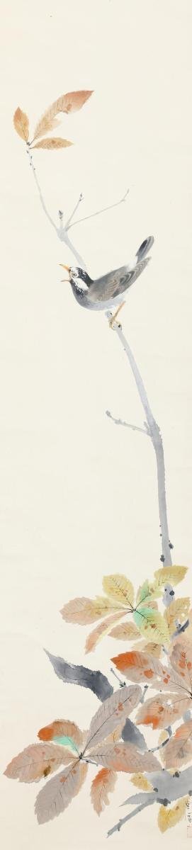 真作】【WISH】堅山南風「晴秋鳴禽」日本画 掛軸 共箱 ◇花鳥図名品 〇
