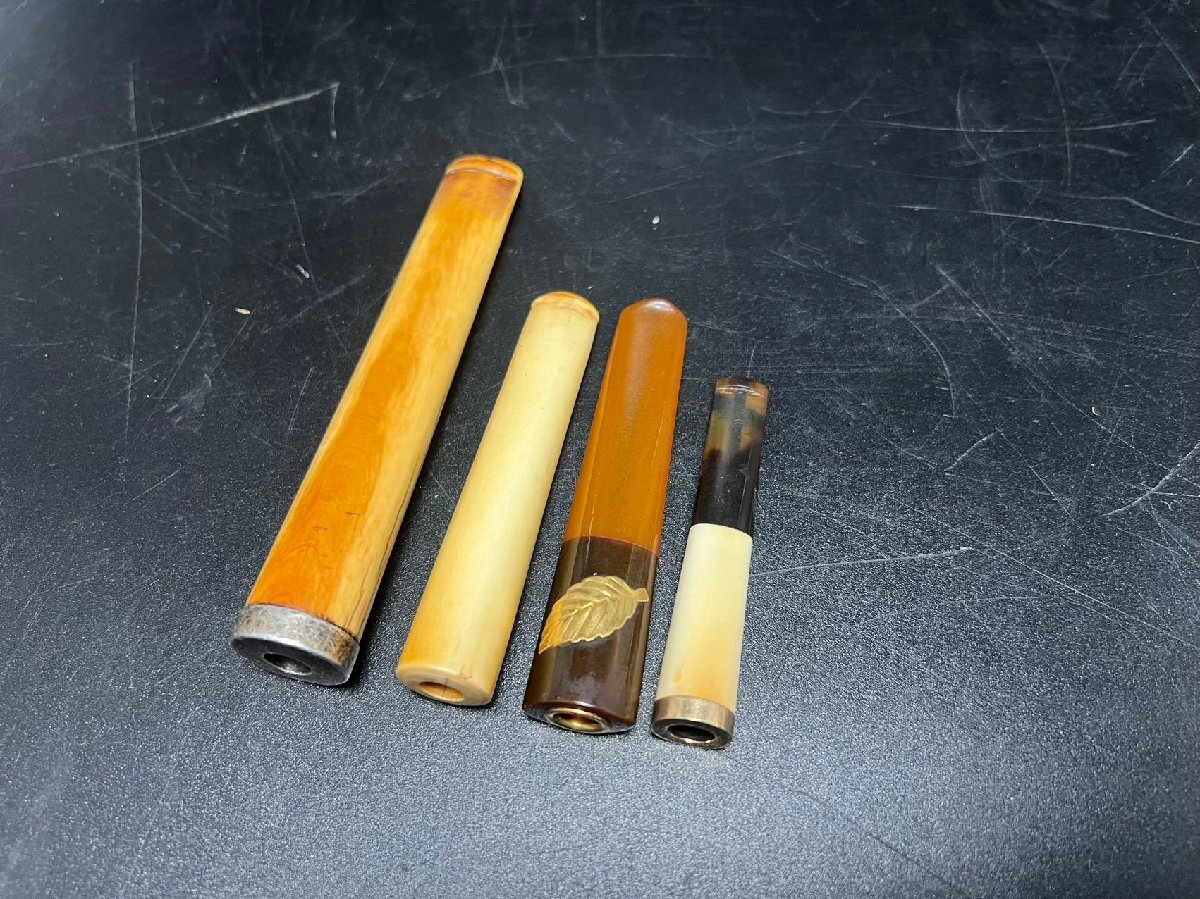 亮） K0495 時代物 天然素材彫刻 天然白材 鼈甲 K18金 金具 喫煙具