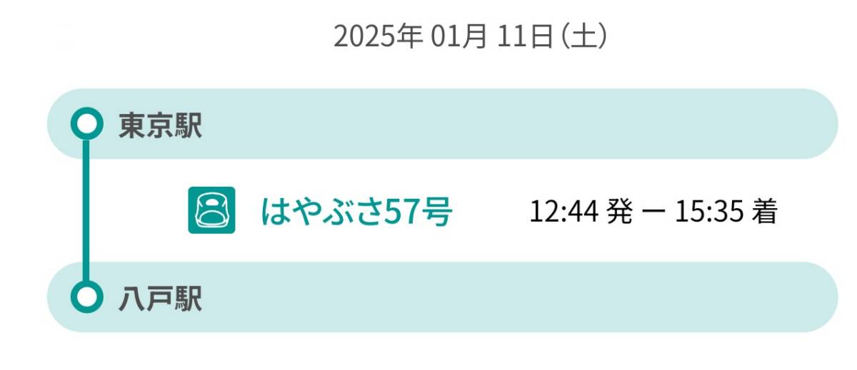 1/11(土) はやぶさ57号 東京 12:44発 八戸 15:35着、乗車券・新幹線指定席券セット、1枚　どこかにビューーン発券チケット