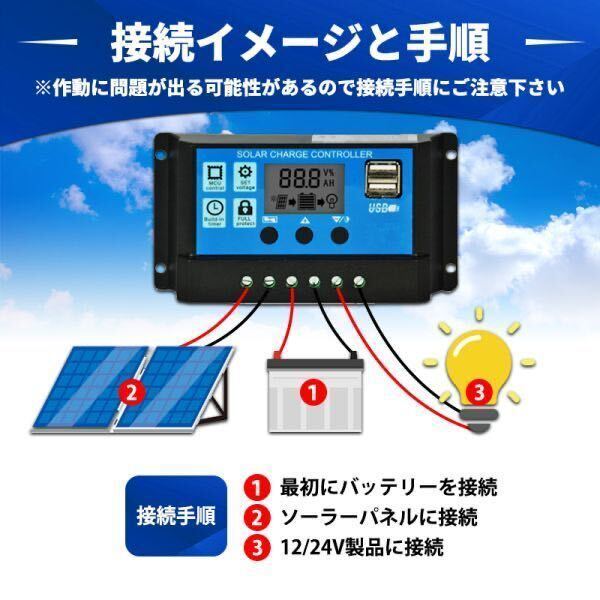 ソーラー チャージコントローラー 30A 12V 24V 自動認識 PWM ソーラーパネル バッテリー チャージャー 充電 制御 太陽光 液晶 USB 保護機能_5