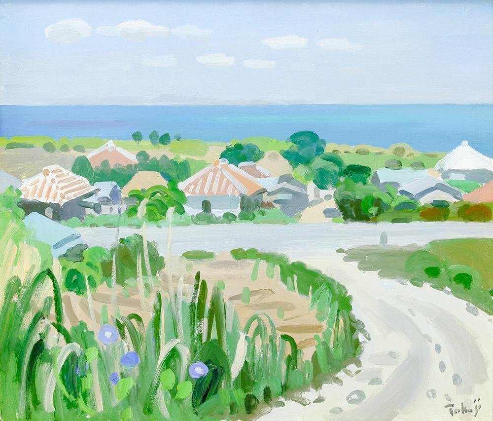真作】【WISH】中村琢二「沖縄の海」油彩 10号 ◇癒しの沖縄・海辺の町