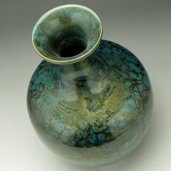 芳幸造】金青銅色斑美彩柄鋳銅花瓶 共箱◇花入 フラワーベース(花器