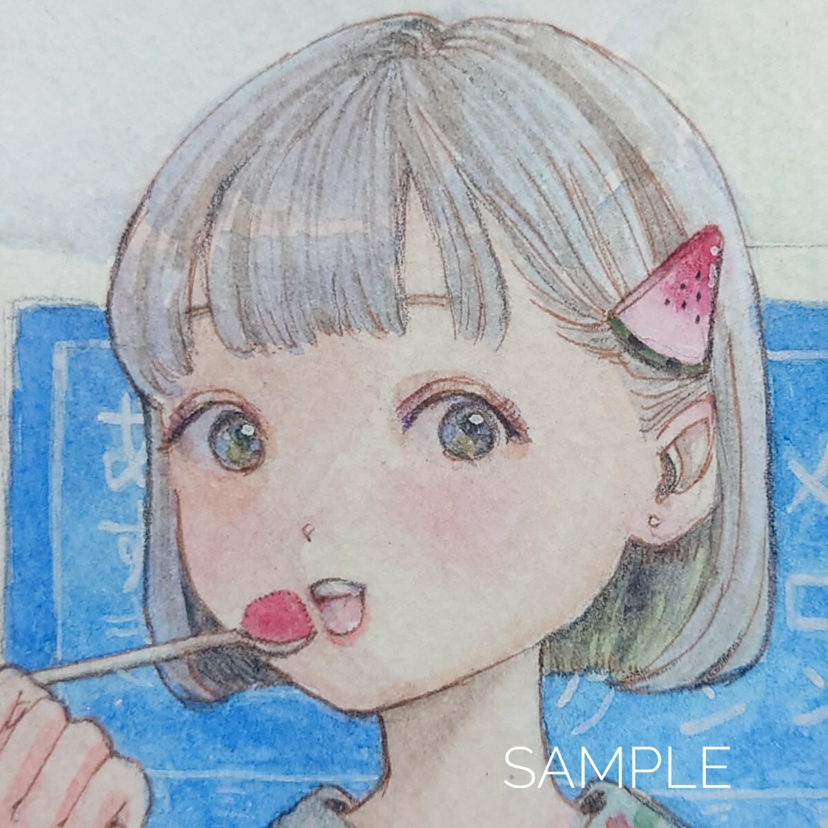 かき氷 手描きイラスト オリジナル 水彩 原画 女の子 アナログイラスト
