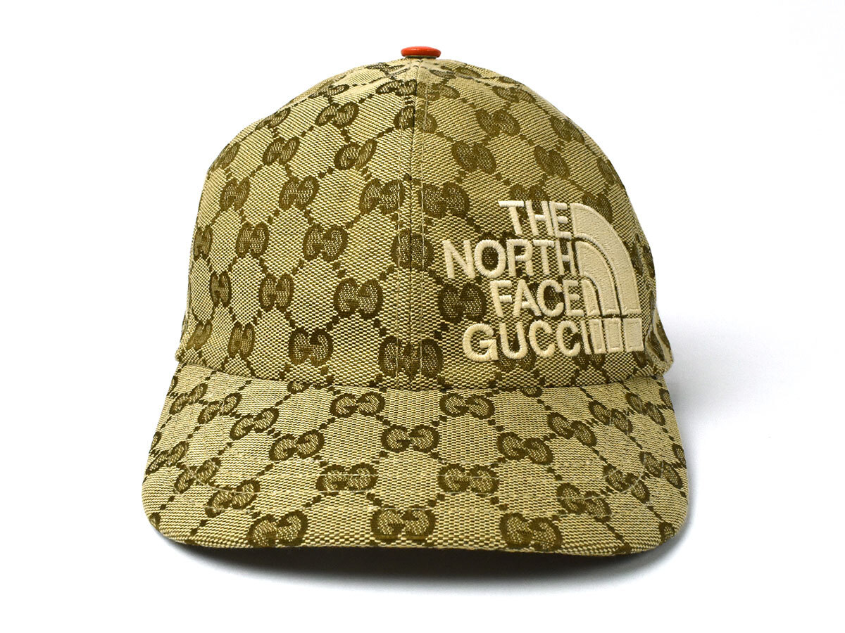220879 GUCCI グッチ THE NORTH FACE ノースフェイス キャップ 帽子 672155 キャンバス レザー ベージュ ...