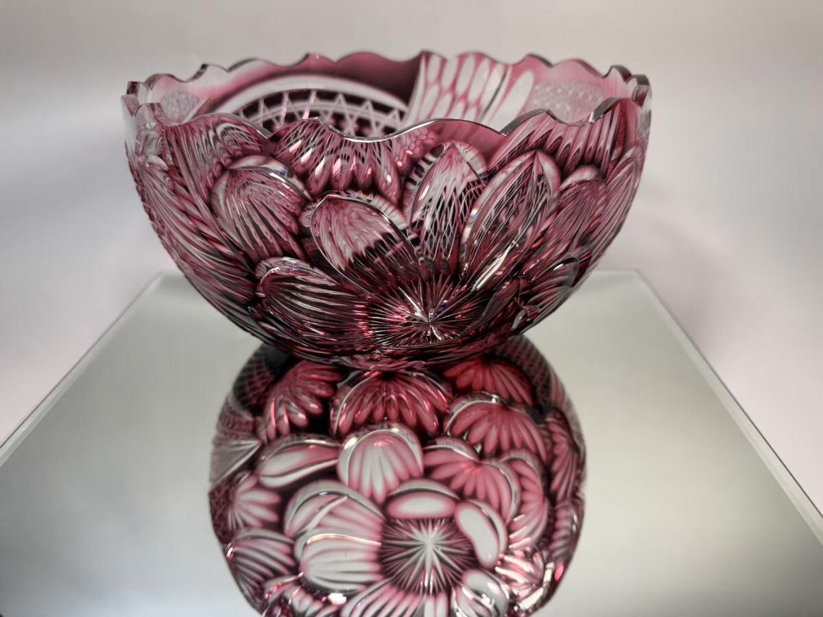 AS251 薩摩切子 島津磯斉彬竈 中根櫻龜作 「花影聲風」銘 二色衣切子大