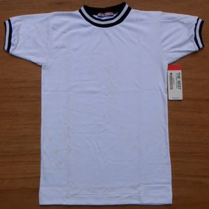 未使用 80s DESCENTE デサント 半袖 Tシャツ M 白x濃紺 リブ切り替え 訳あり 当時物 体操