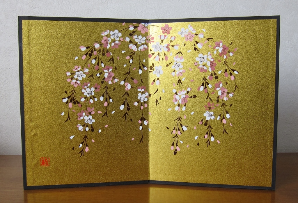 未使用 ミニ屏風「蒔絵金紙屏風 しだれ桜」桜柄×金彩 紙屏風 (一扇19