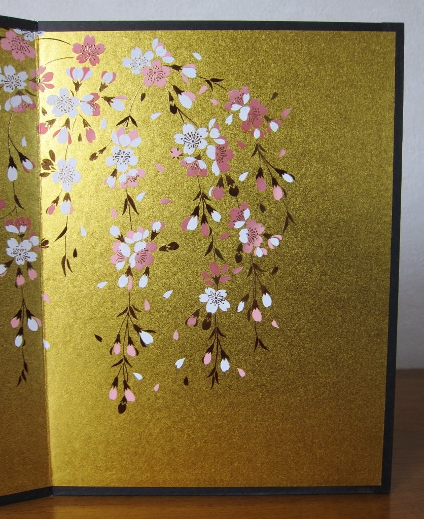 未使用 ミニ屏風「蒔絵金紙屏風 しだれ桜」桜柄×金彩 紙屏風 (一扇19