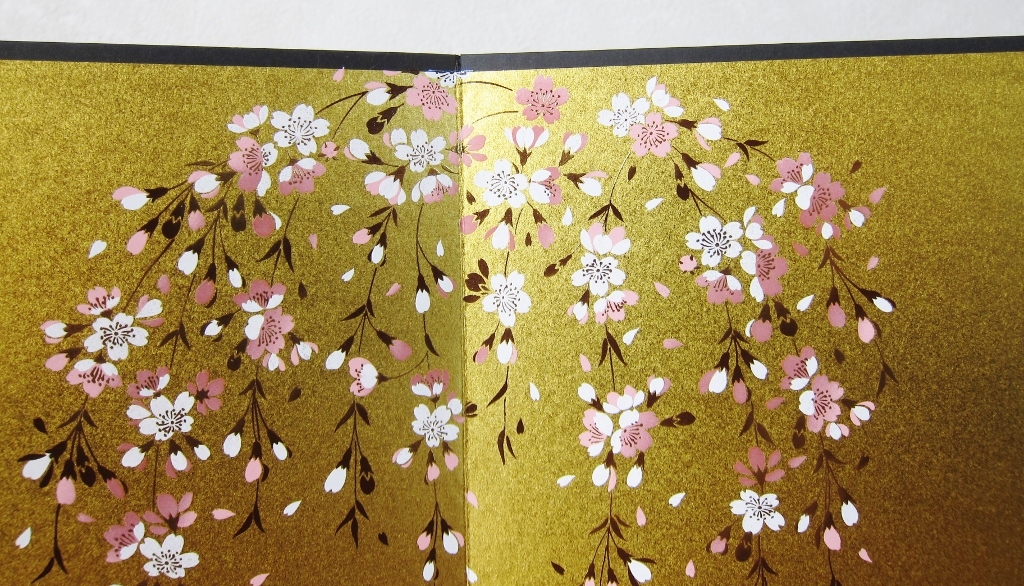 雛人形 桜の金彩・極上屏風 未使用 ミニ屏風「蒔絵金紙屏風 しだれ桜」桜柄×金彩 紙屏風 (一扇19