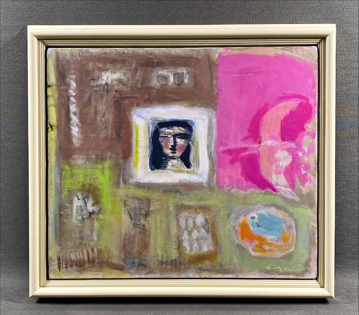 真作保証）☆脇田和☆窓の中の顔☆油彩☆8号・F8☆人気作品☆鳥☆抽象