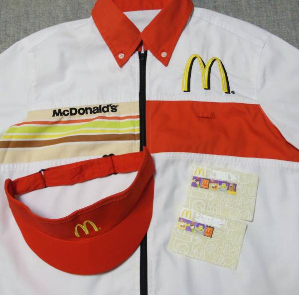 マクドナルド制服2色5点セット2004年〜2007年物 Mサイズ、ネームプレト付 ○マック制服一式 マクドナルドクルー名札と靴下付き(レディース
