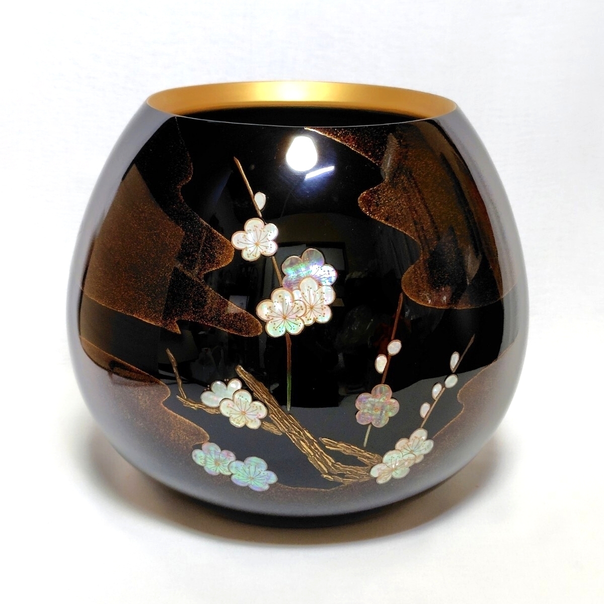 京焼 清水焼 丈夫窯 加藤丈尋 陶山水黒漆松竹梅蒔絵 飾り壷 花瓶 三木