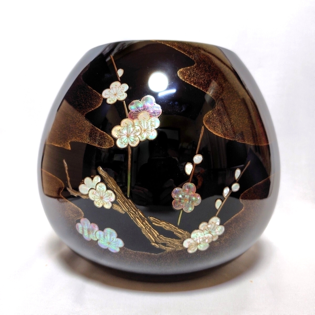 京焼 清水焼 丈夫窯 加藤丈尋 陶山水黒漆松竹梅蒔絵 飾り壷 花瓶 三木