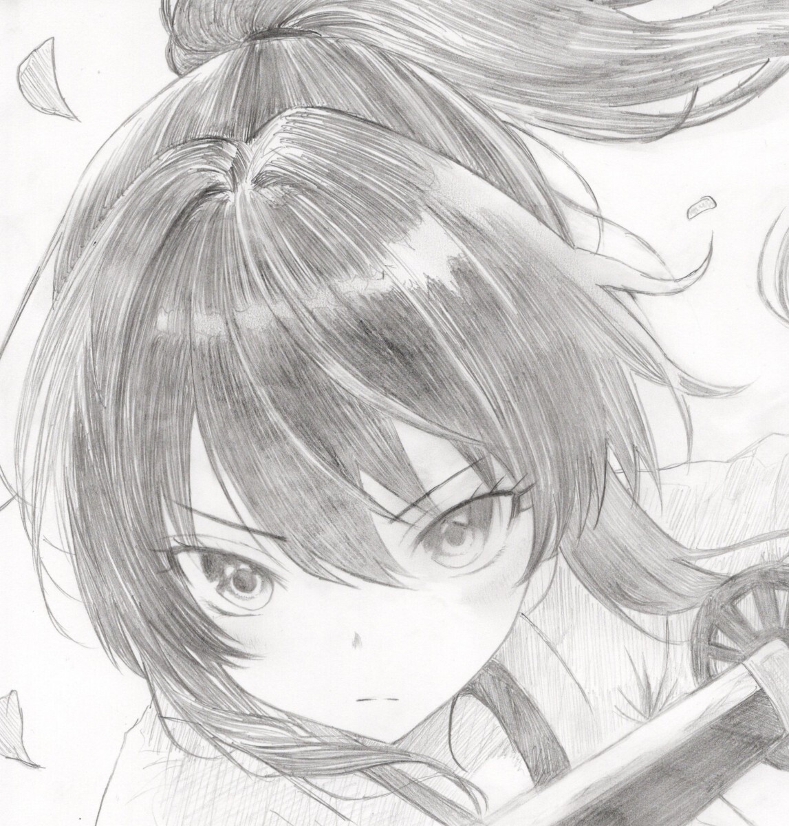巫女 剣士 刀 手描きイラスト オリジナル シャーペン 鉛筆画 A4