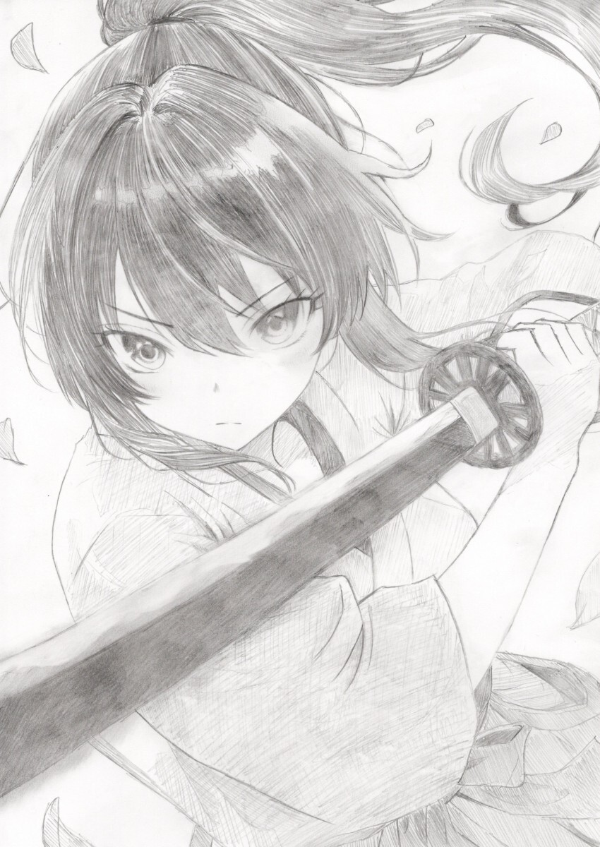 巫女 剣士 刀 手描きイラスト オリジナル シャーペン 鉛筆画 A4