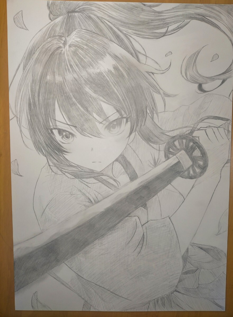 巫女 剣士 刀 手描きイラスト オリジナル シャーペン 鉛筆画 A4