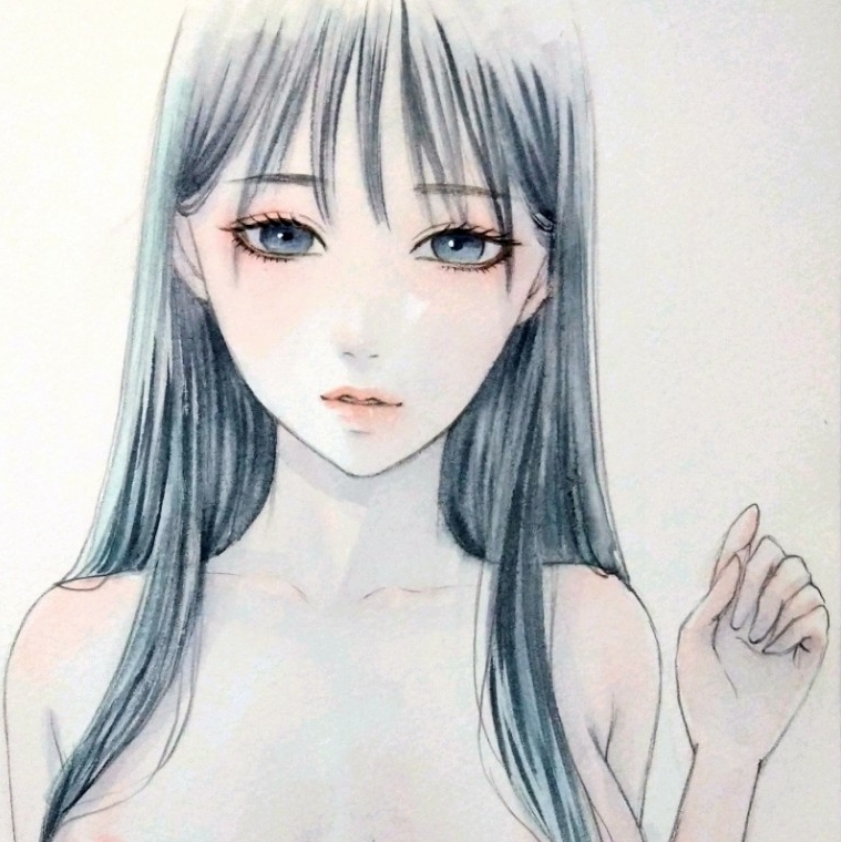2386/B 肉筆原画　美人とモンステラ　水彩絵具　手描きイラスト　裸婦画 肉筆原画 手描きイラスト 水彩画 美人画 絵画 オリジナル ドローイング