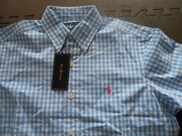 切手可■ラルフ■新品S 水色×白ギンガムチェック半袖シャツ