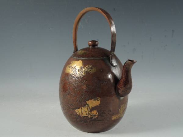 ◇栄◇金工師 和光斎 造 鎚起 鍍金 花 銅瓶 薬缶 煎茶道具22a25(銅製 
