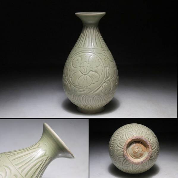 【彩文堂】中国北宋名窯 耀州窯 刻花紋 玉壺春瓶 20cm A39NN14D