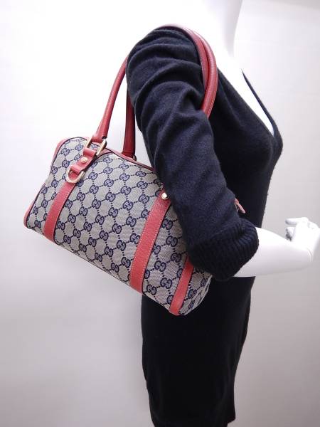 □GUCCI グッチ GG柄 ミニボストンバッグ ハンドバッグ赤□
