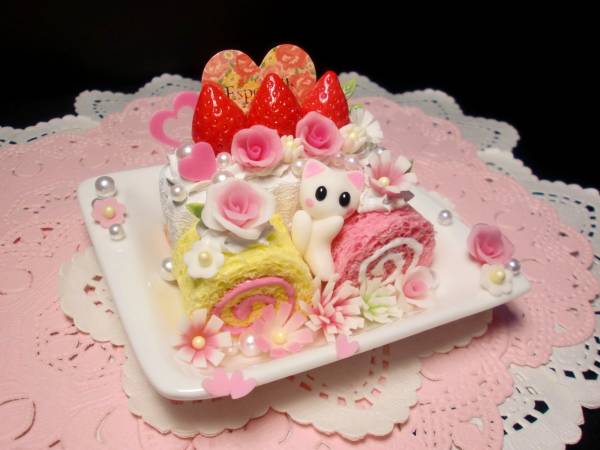 ねこたぬ工房)ハンドメイドデコ・ネコ・ケーキ・薔薇・置物☆