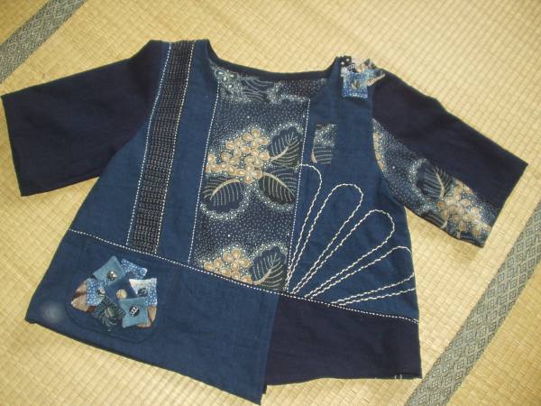 手作り絣、型染め、藍染リメイクブラウス古布刺し子着物紫陽花