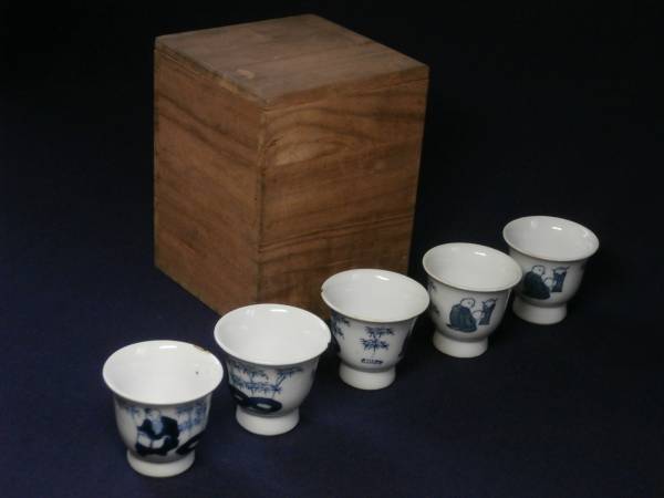 逸品 道八 在銘 染付 人物 茶碗 ５客揃 煎茶道具 箱付
