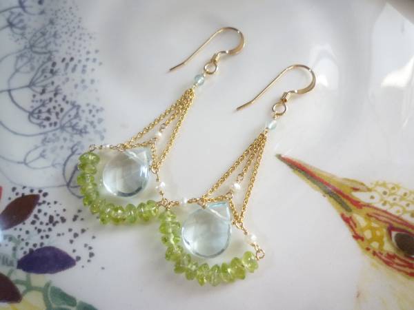 即決**rinrinブルークォーツとペリドットk14gfピアス**