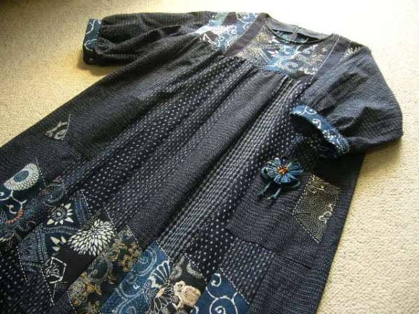 手作り◇古布 藍染 書生雪ん子絣 型染 ダブリエワンピース