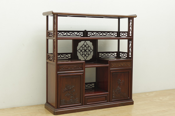 ●唐木 無垢材 茶棚 茶箪笥 飾り棚 違い棚 煎茶道具 透かし彫