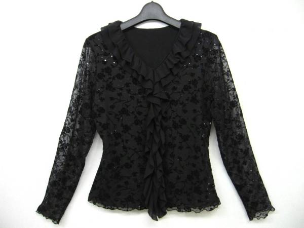 美品 東京ソワール ☆素敵！フリル＋レース 高級黒カットソー M