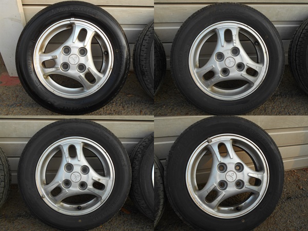 155/65R13ブリジストンタイヤ、三菱純正アルミ4本セット【中古】