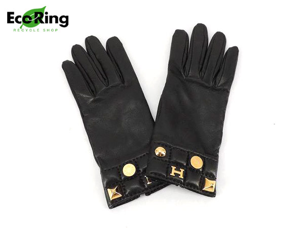 1円 美品 エルメス レザー レディース グローブ 手袋 7 黒 CA024